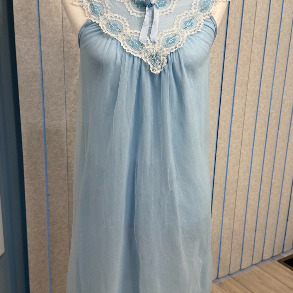 Vintage Blue Lace Sheer Overlay Nightgown